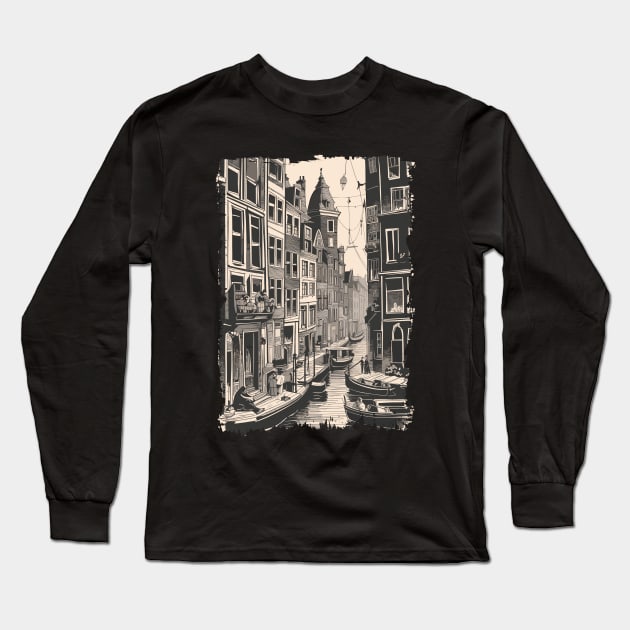 Amsterdam Netherlands Vintage Canal Houses Travel Art Long Sleeve T-Shirt by Naumovski